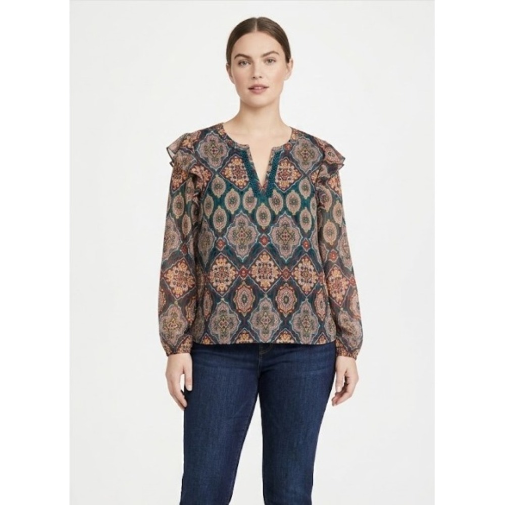 LOFT Medallion Ruffle Blouse L Teal Boho Split Neck Crochet‎ Long Sleeve Top
